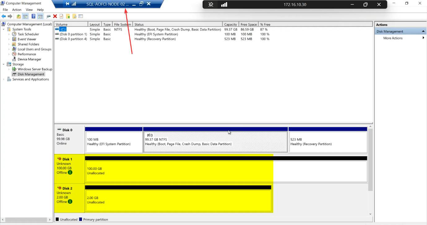 Disk Management on Node-02 showing the same two disks (SQL-Data and Quorum-Witness) but with status Offline and Reserved, the correct state for the secondary cluster node which must NOT bring them online or risk filesystem corruption