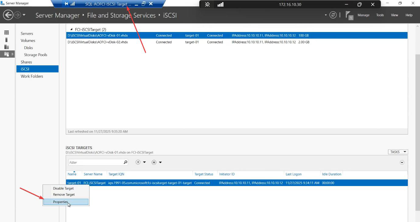 Properties dialog of Target-01 with the Initiators tab open ready to verify which initiators are connected, the auditable list of who has logged in to this target