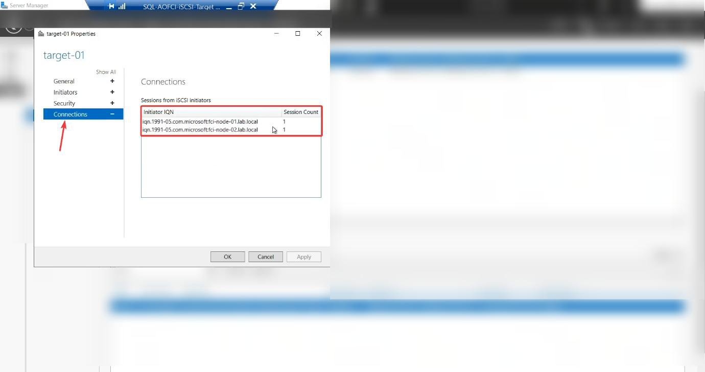 Initiators tab of Target-01 listing two connected initiators corresponding to Node-01 and Node-02 by their IQN identifiers, the final SAN-side confirmation that both compute nodes have a healthy connection to the shared storage