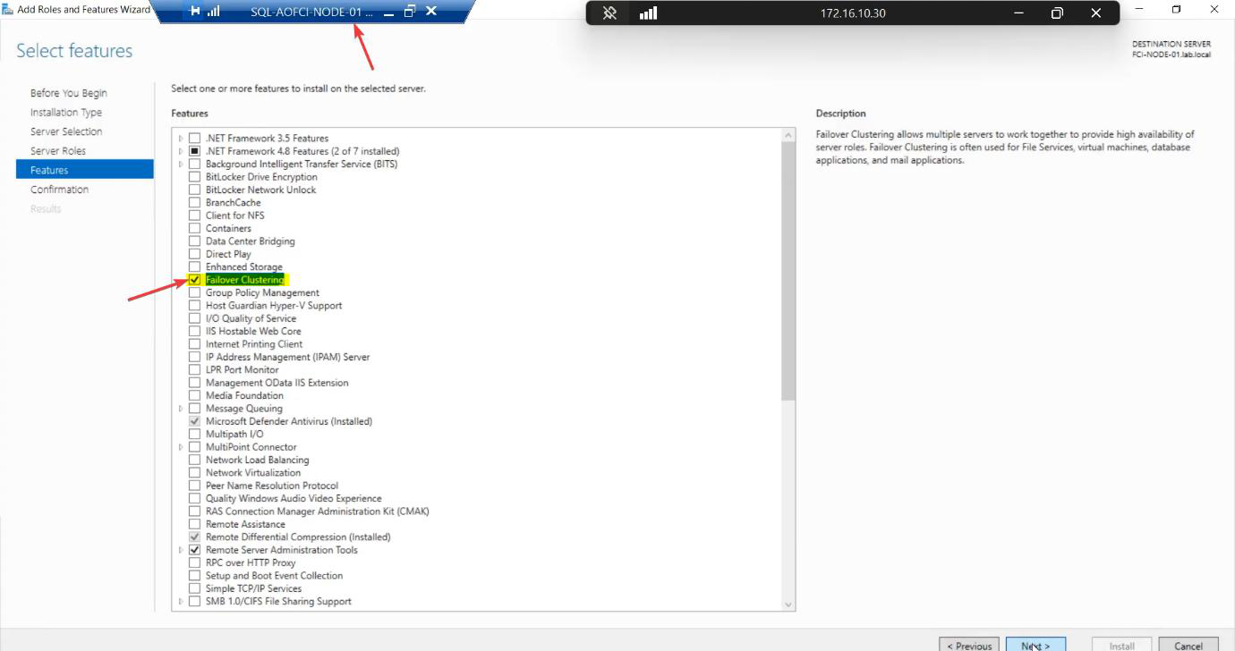 Add Roles and Features wizard on Node-01 with the Features pane open and the Failover Clustering checkbox ticked along with its dependent management tools