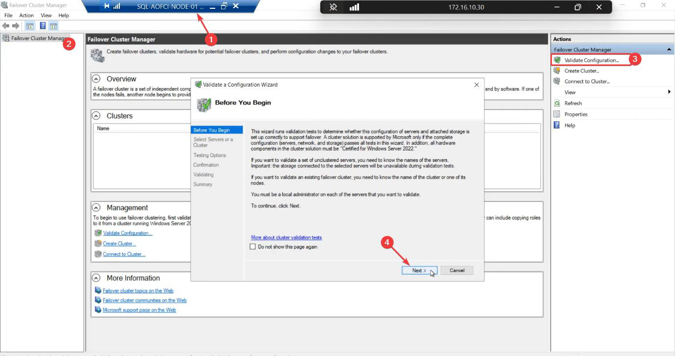 Failover Cluster Manager console with the Validate Configuration link highlighted in the centre Actions pane, the wizard that runs Microsoft&rsquo;s official compatibility check before the cluster is created