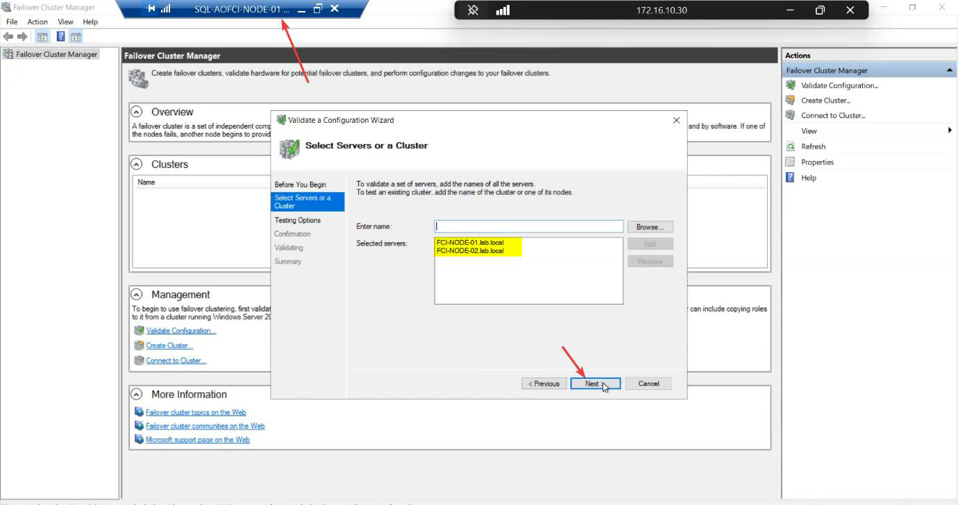 Validate a Configuration Wizard Select Servers step with Node-01 and Node-02 added by Browse picker, both fully qualified to infotechninja.local