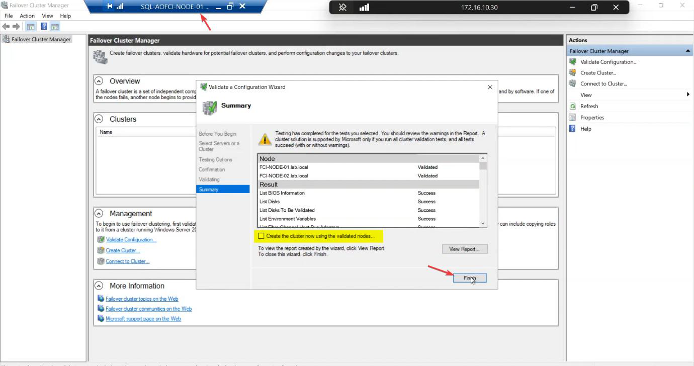 Validation Report summary screen with green check marks for all tests; the &ldquo;Create the cluster now using the validated nodes&rdquo; option is intentionally UNTICKED so the next wizard runs cleanly