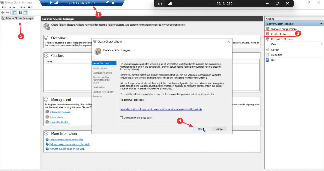 Failover Cluster Manager Action pane with Create Cluster link highlighted, the wizard that creates the actual cluster object including its CNO in Active Directory