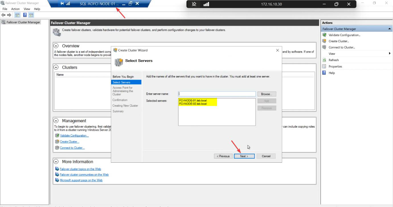 Create Cluster Wizard Select Servers step with Node-01 and Node-02 added, ready to commit the cluster definition