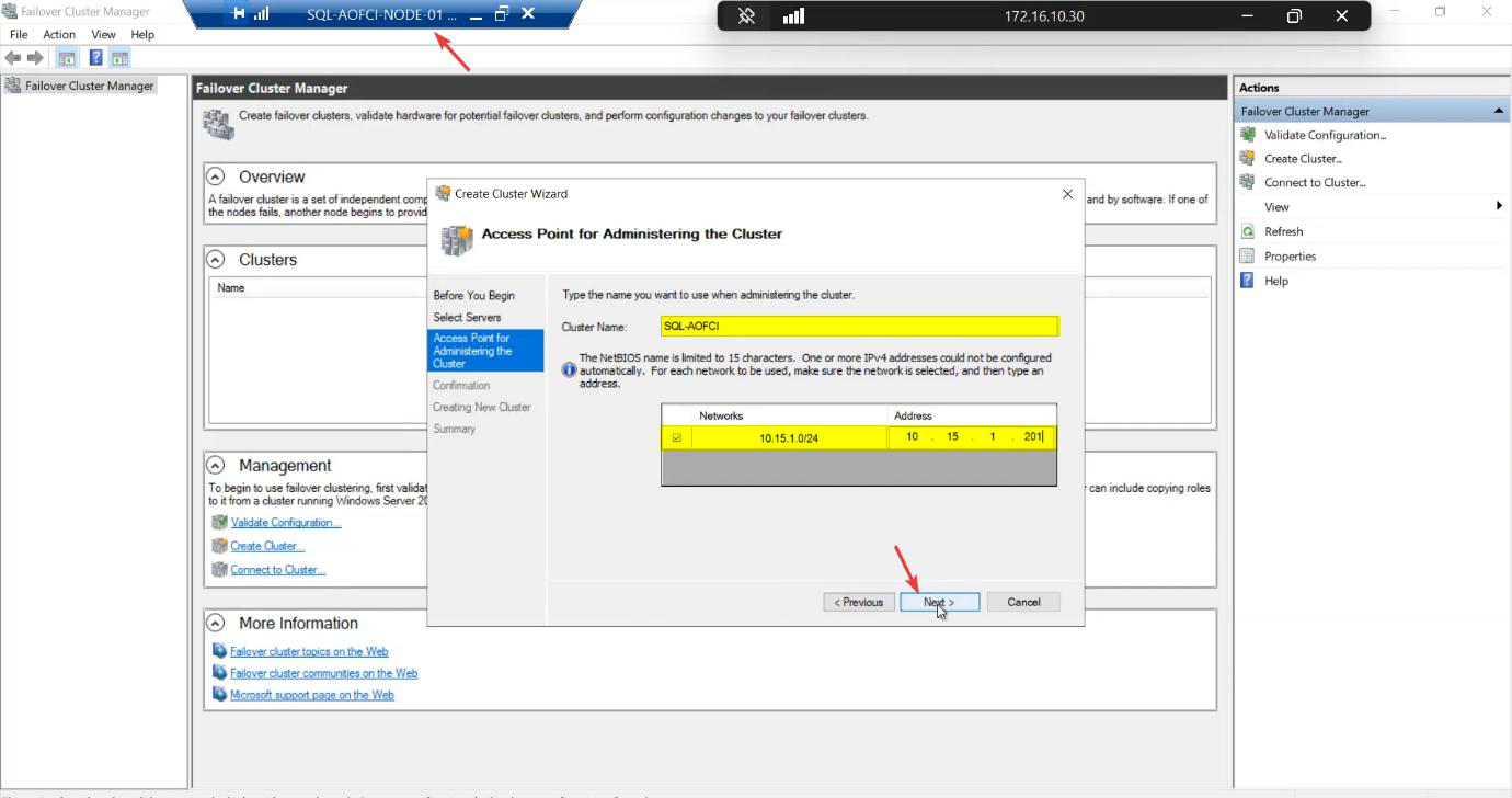 Access Point for Administering the Cluster step with Cluster Name set to ITN-CL-01 and the cluster IP set to 10.15.1.45 on the Domain network, this name and IP get registered in DNS for client access