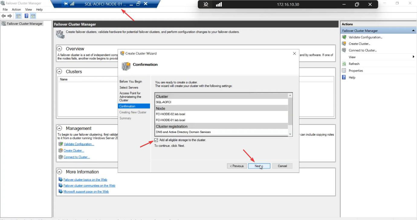 Confirmation step before creation with Add all eligible storage to the cluster ticked, automatically pulling the iSCSI Data and Quorum disks into the cluster