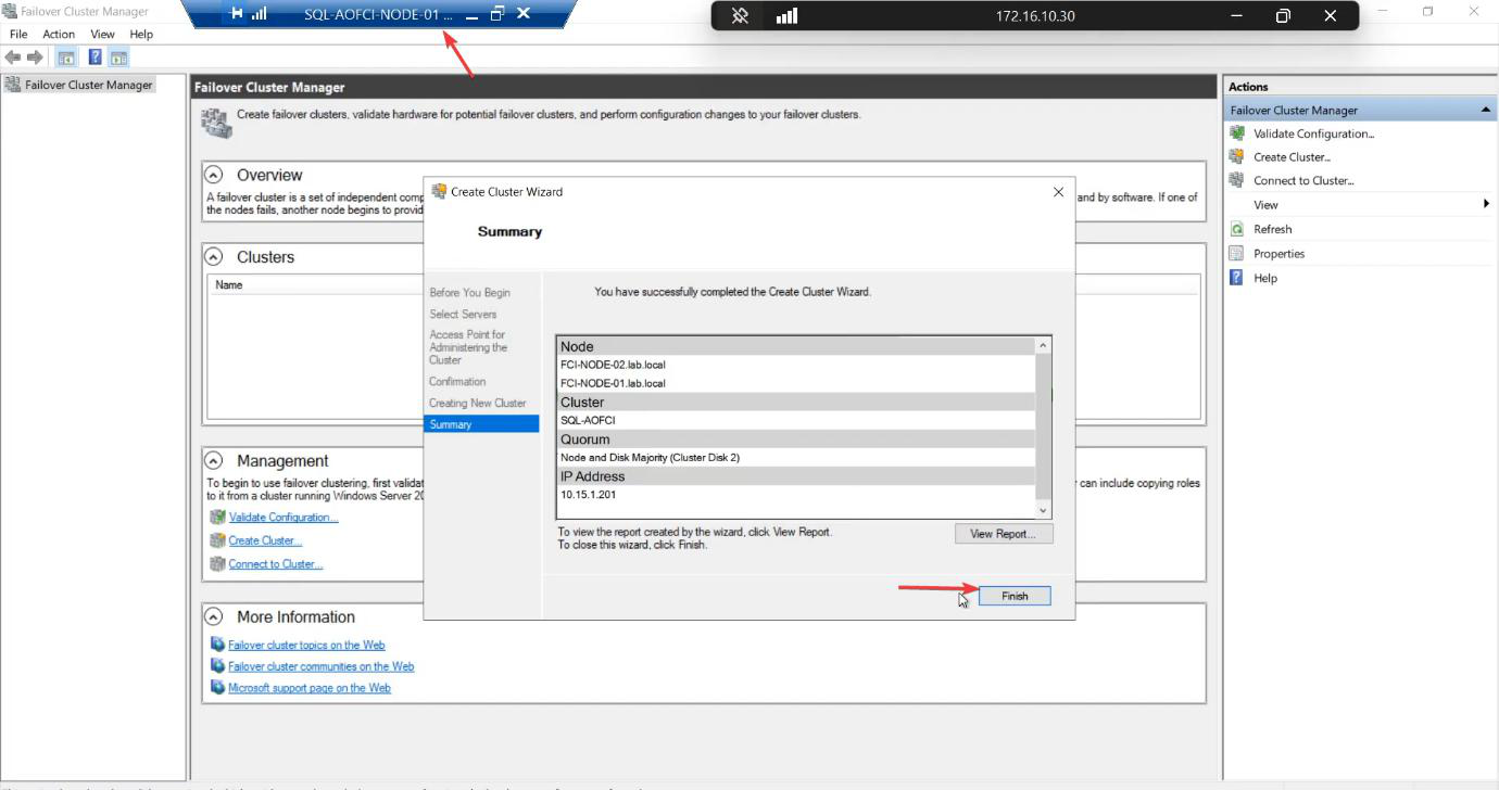 Summary page after successful creation showing the cluster object created, both nodes joined, both disks added, and the cluster registered in AD as the CNO