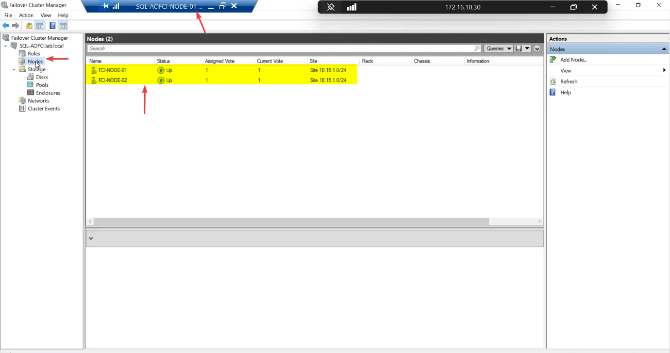 Failover Cluster Manager Nodes view confirming both Node-01 and Node-02 are listed with status Up and the cluster is healthy