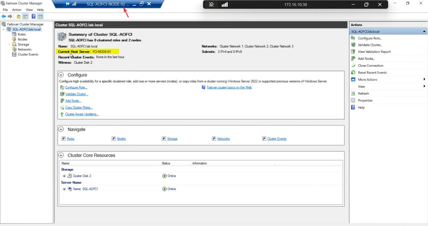 Cluster main pane showing Current Host Server set to Node-01 indicating it currently owns the cluster role and shared resources