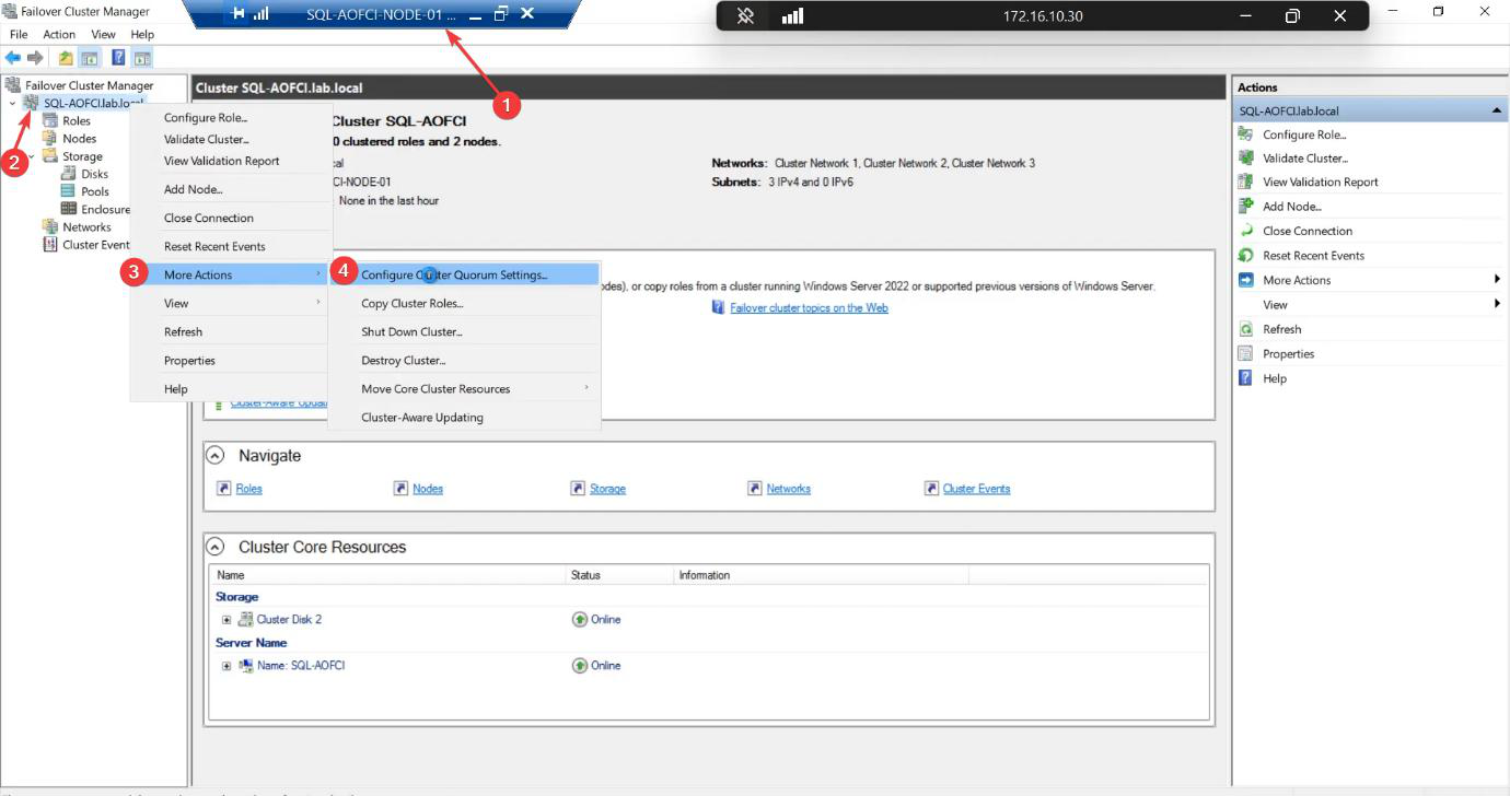 Failover Cluster Manager right-click context menu on the cluster name showing More Actions > Configure Cluster Quorum Settings, the entry point for explicit witness configuration” /><figcaption>Right-click the cluster name > More Actions > <strong>Configure Cluster Quorum Settings</strong>.</figcaption></figure>
<p>Right-click cluster name > <strong>More Actions</strong> > <strong>Configure Cluster Quorum Settings</strong>.</p>
<figure class=
