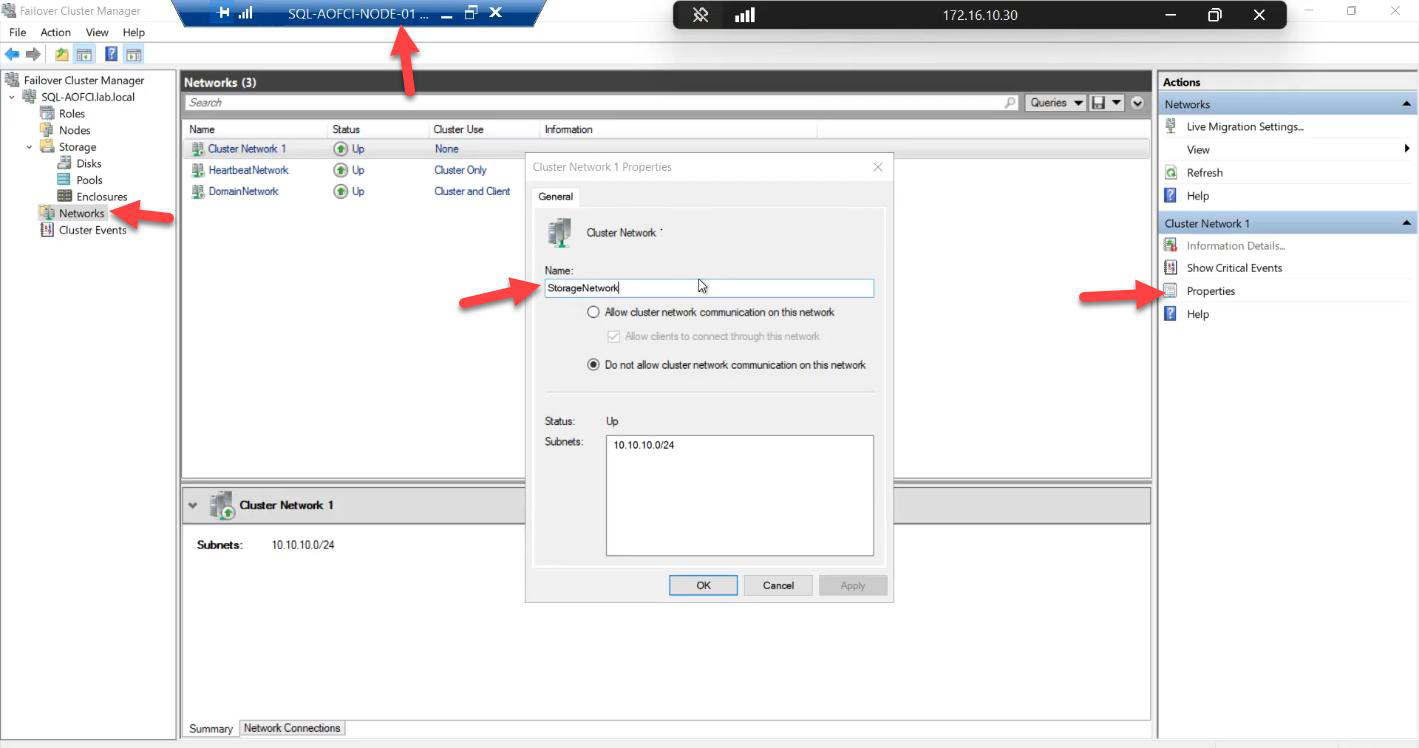 Failover Cluster Manager Networks tab on Node-01 with the cluster networks renamed from generic Cluster Network 1/2 to descriptive Public Network and Storage Network and Heartbeat Network matching the subnet design from Part 1