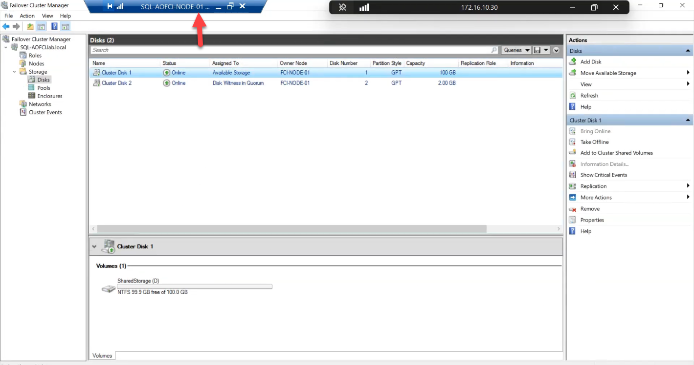 Storage > Disks tab in FCM showing Cluster Disk 1 (100 GB Data) and Cluster Disk 2 (2 GB Quorum) both Online and owned by Node-01, the prerequisite state for installing FCI on the primary node” /><figcaption>Storage > Disks: confirm both Cluster Disks are Online and owned by Node-01. SQL setup will refuse to install if the disks aren’t available.</figcaption></figure>
<p>Storage > Disks: both Cluster Disks Online, owned by Node-01. SQL setup refuses to install if the data disk isn’t available.</p>
<h2>Launch the installer (and pick the right option)</h2>
<figure class=