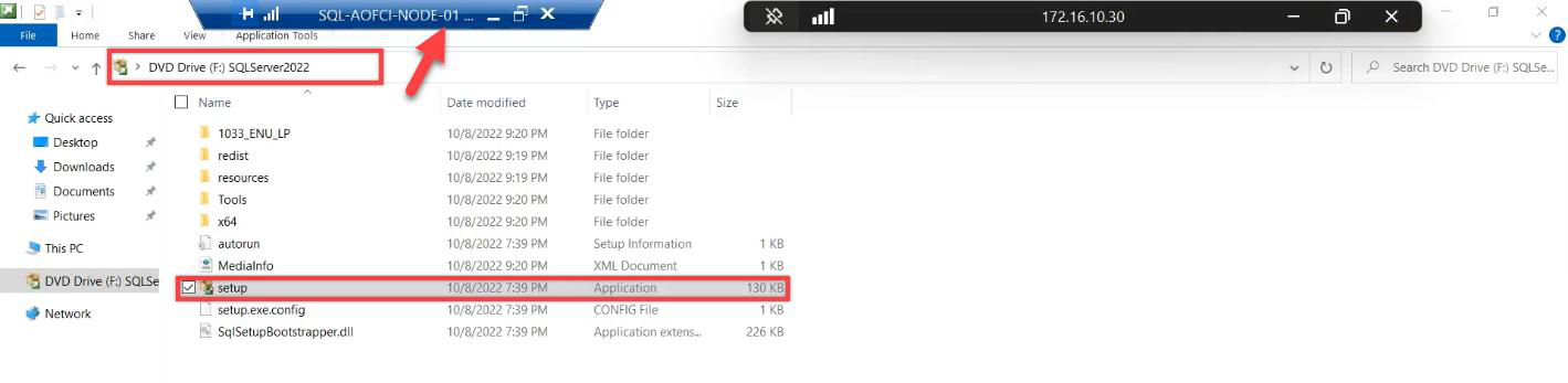 Mounted SQL Server 2022 ISO on Node-01 with setup.exe being run as Administrator from the root of the mounted drive, the entry point for the SQL Server installer