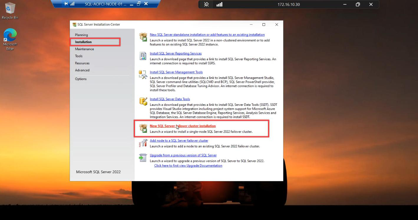 SQL Server Installation Center with the Installation tab open and the New SQL Server failover cluster installation link highlighted, the critical choice that distinguishes FCI from a standalone install