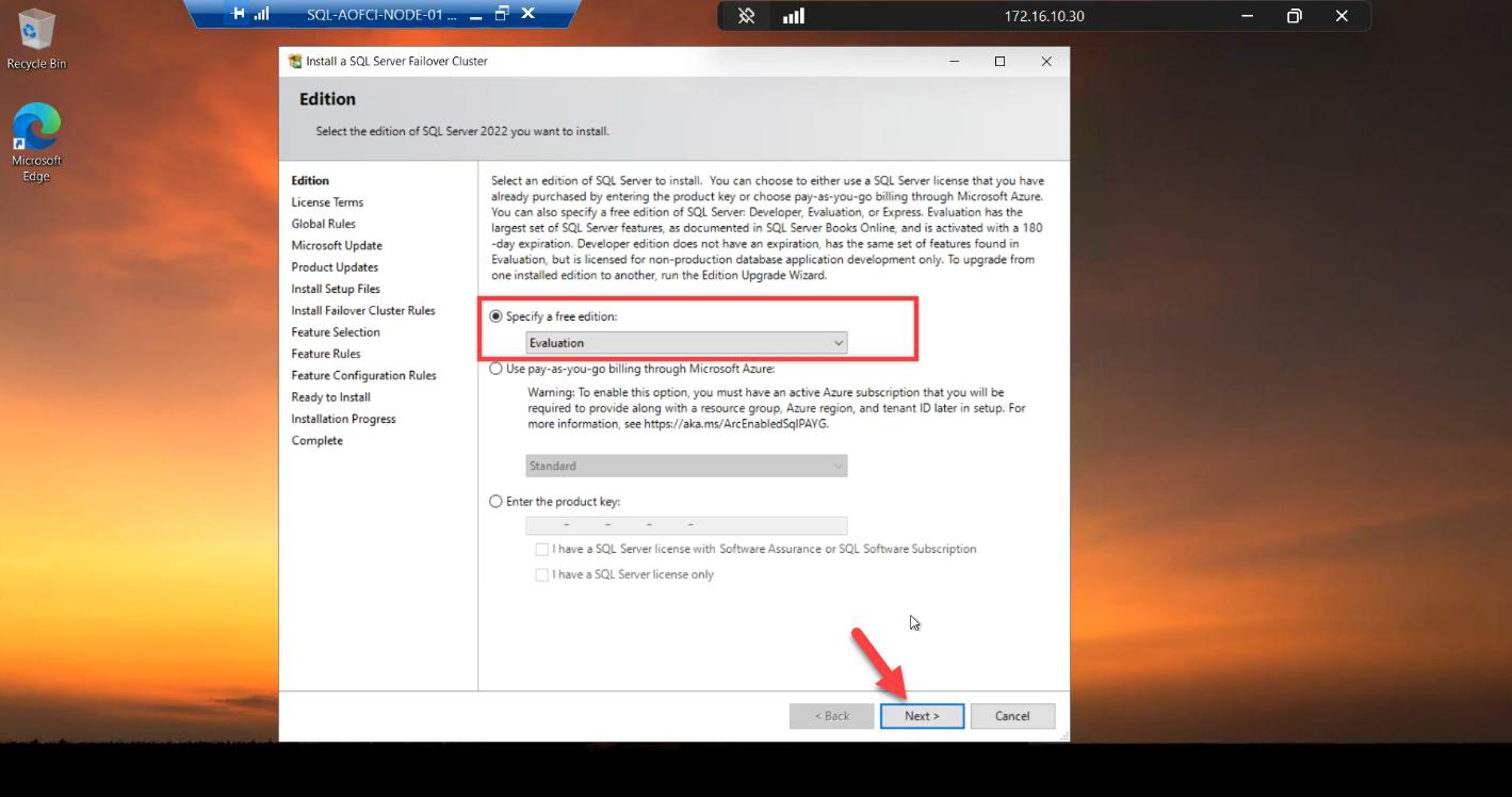Edition step of the SQL Server install wizard with Evaluation/Developer/Enterprise dropdown shown for selecting the SQL Server edition for this lab
