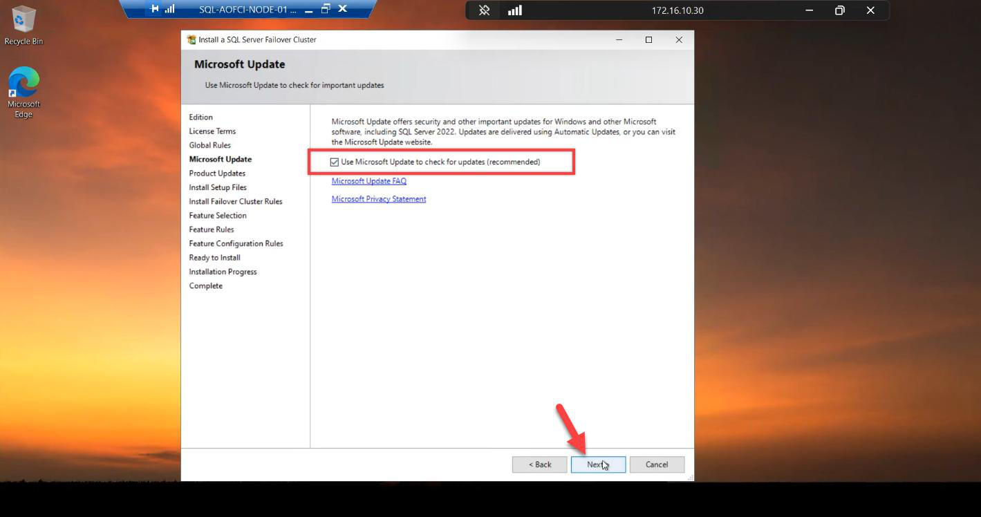 Microsoft Update step with Use Microsoft Update checkbox ticked to keep SQL Server patched in line with Windows Update