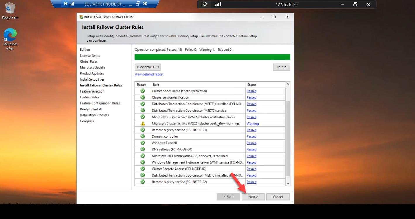 Install Rules step showing all rule checks with green ticks, no failures or warnings, the gate that must be clean before SQL setup proceeds with disk and network reservations
