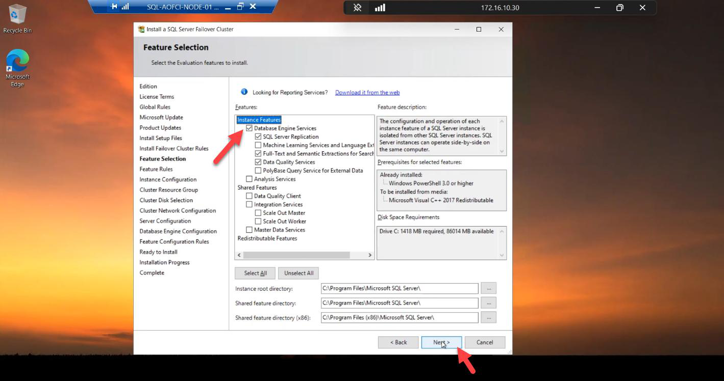 Feature Selection step with Database Engine Services ticked as the minimum required feature for FCI; other features like Replication and Full-Text Search optional