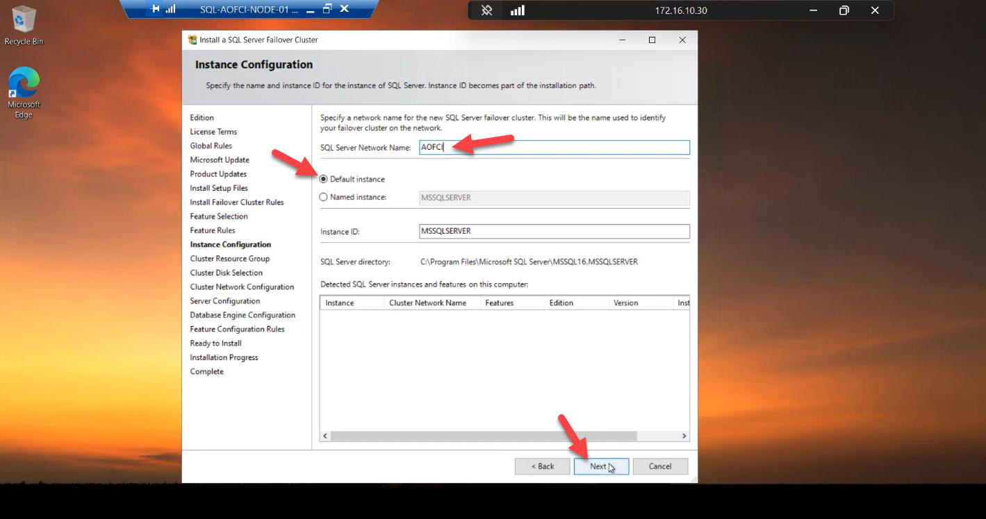 Instance Configuration step with SQL Server Network Name set to AOFCI and Instance ID left as default MSSQLSERVER, the virtual identity that clients will connect to instead of an individual node name