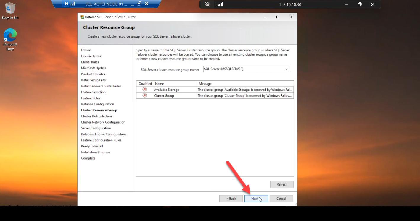 Cluster Resource Group step with the proposed default group name SQL Server (MSSQLSERVER) accepted, the named container in the cluster that will hold the SQL service, network name, IP, and disk dependencies