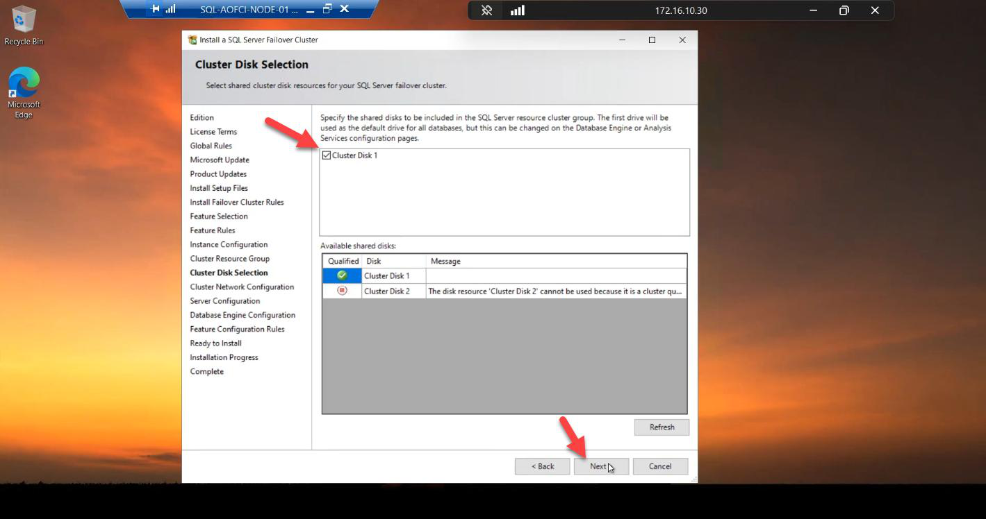 Cluster Disk Selection step with Cluster Disk 1 (100 GB Data) ticked and the 2 GB Quorum disk explicitly NOT ticked, ensuring SQL only owns the data disk and the quorum stays as a cluster vote