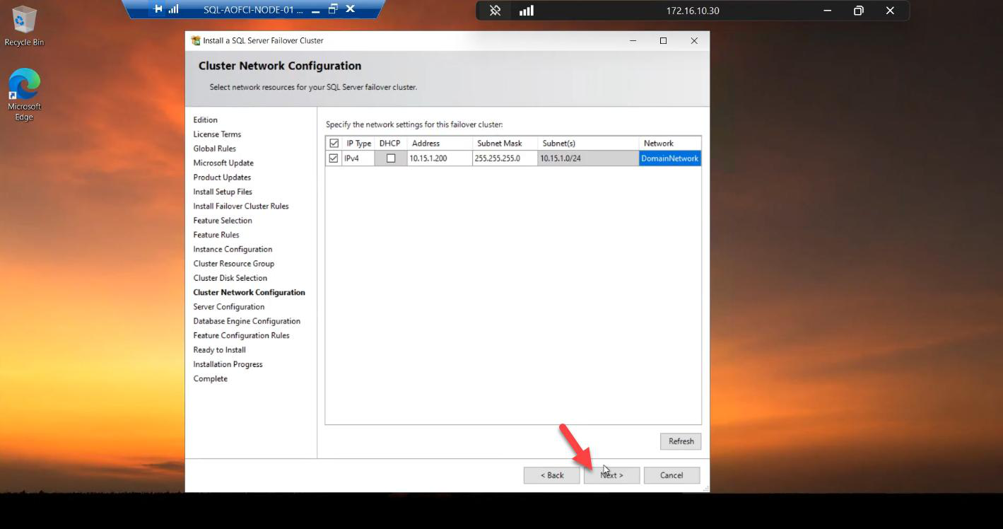 Cluster Network Configuration step with IPv4 ticked and a new unused IP 10.15.1.200 entered for the SQL Server FCI Virtual IP, the IP that follows the SQL service on failover so clients always reach AOFCI at the same address