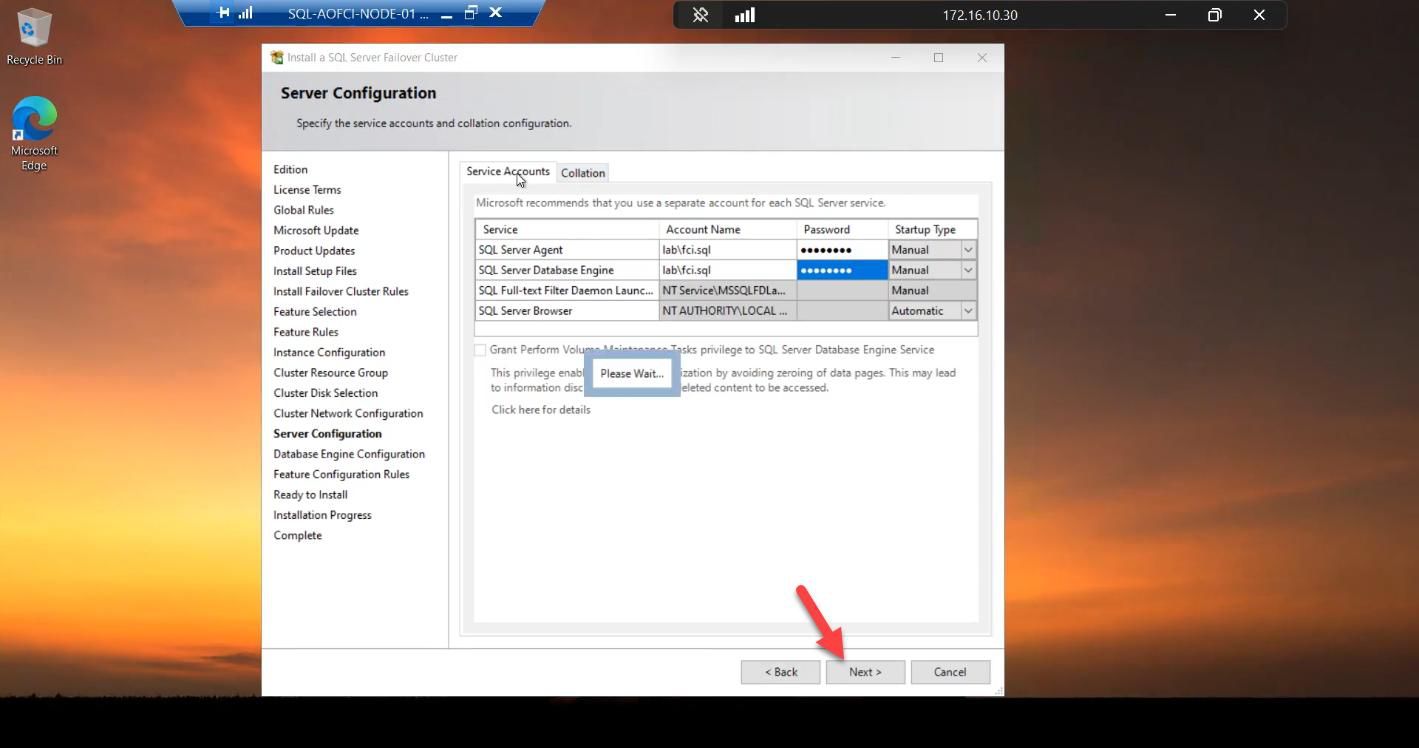 Server Configuration > Service Accounts step with the SQL Server Database Engine and SQL Server Agent both set to use the domain service account svc_sql@infotechninja.local, the dedicated identity from Part 1″ /><figcaption>Service Accounts: <strong>domain account required</strong> — <code>svc_sql@infotechninja.local</code> from Part 1. Local accounts can’t cross nodes; FCI installs refuse them.</figcaption></figure>
<p><strong>Domain accounts required.</strong> Use <code>svc_sql@infotechninja.local</code> for both Engine and Agent. Local accounts (NETWORK SERVICE etc.) can’t cross nodes — the installer rejects them for FCI.</p>
<h3>Database engine config</h3>
<figure class=