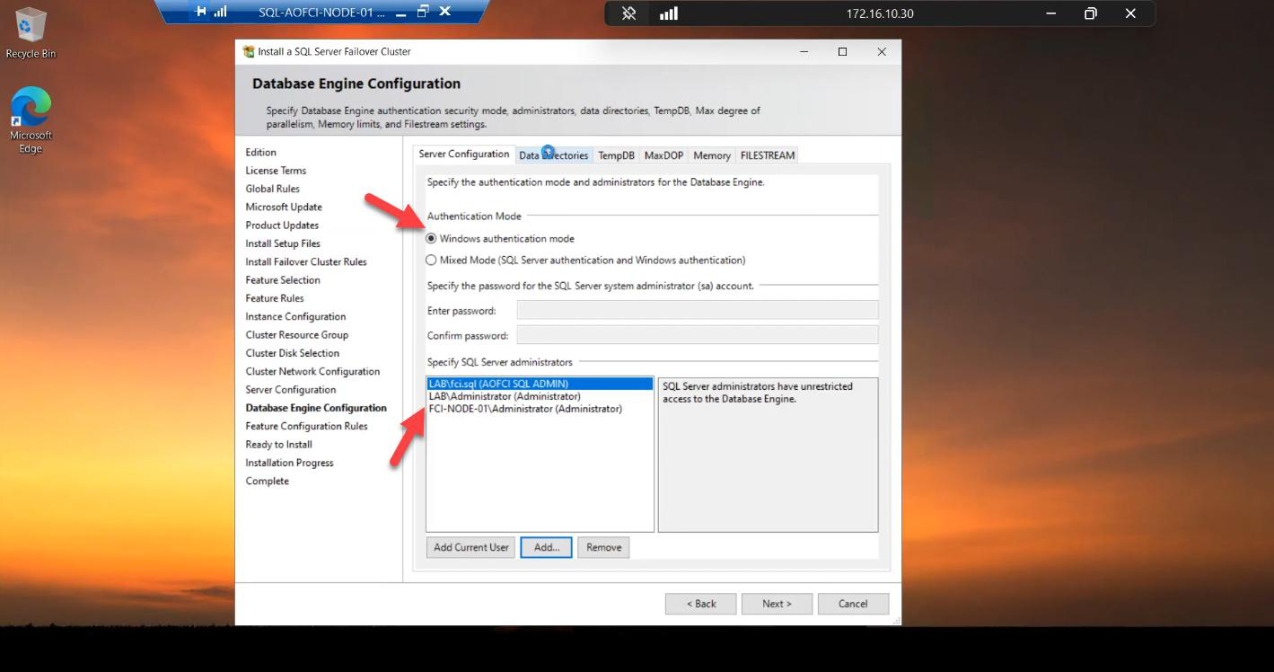 Database Engine Configuration step on the Server Configuration tab with Windows Authentication mode selected and Add Current User clicked to add the installer’s account as a SQL sysadmin