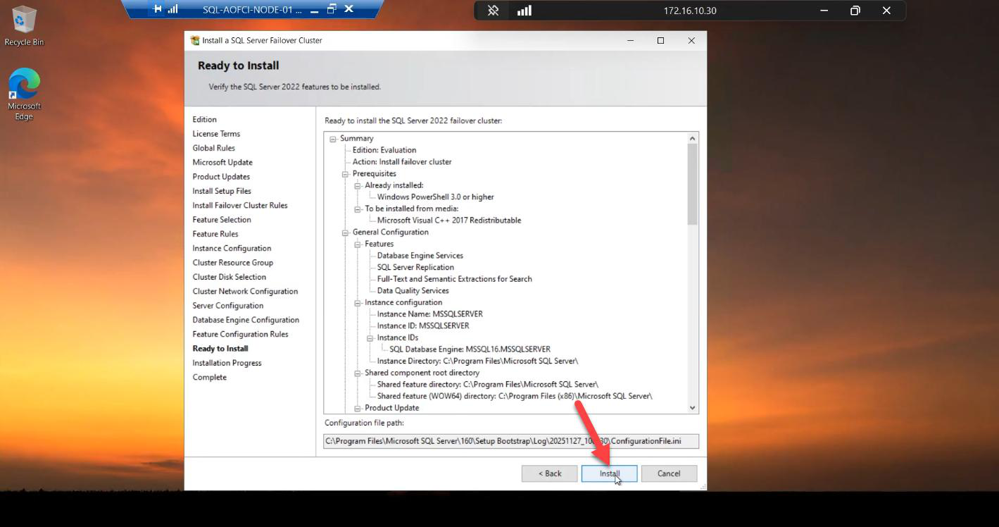 Ready to Install summary screen listing every choice made: feature, network name AOFCI, VIP 10.15.1.200, service account svc_sql, disk D:, ready for the actual install to begin