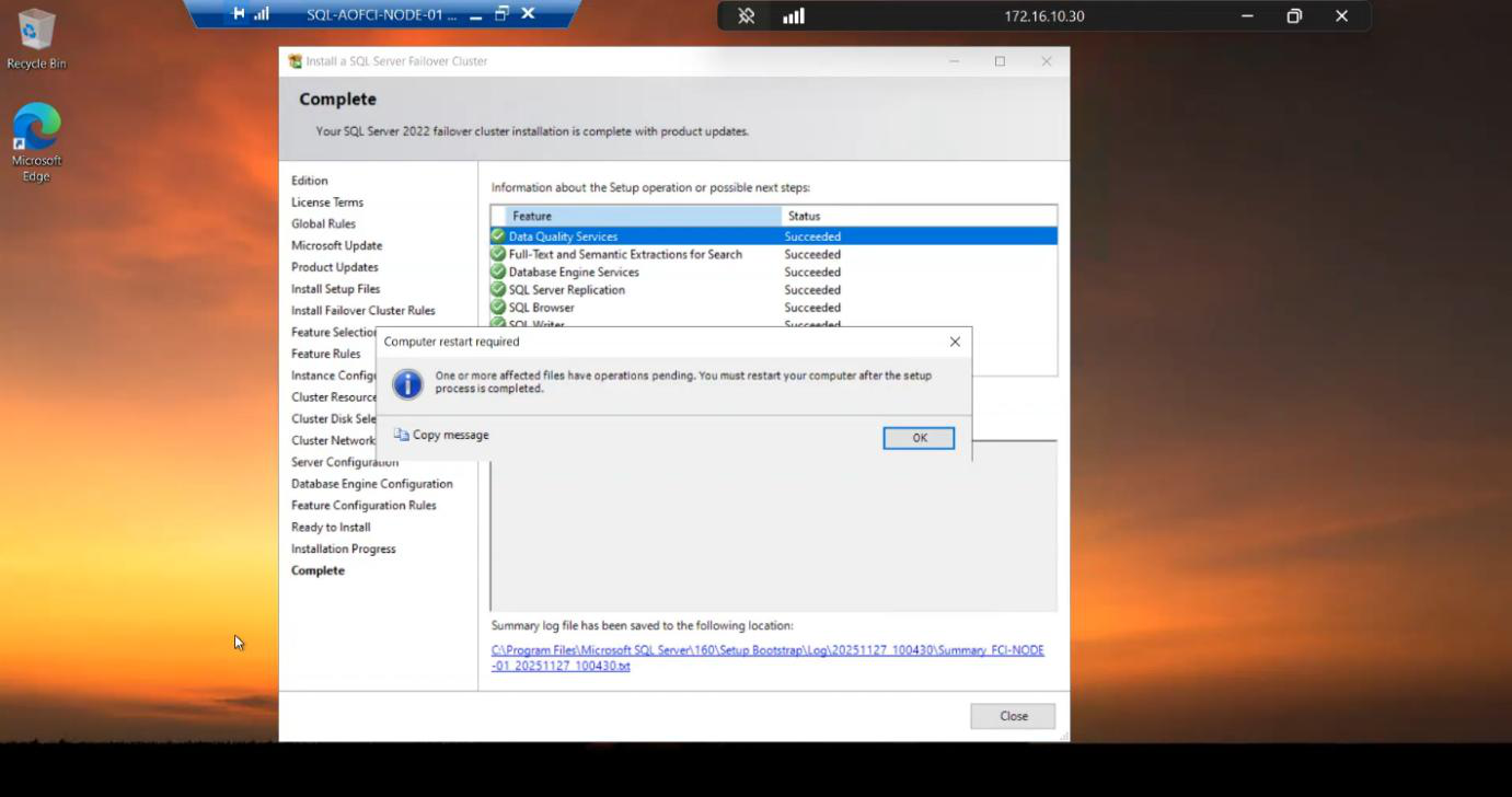 Installation progress page showing the SQL Server install in progress with status updates as each component installs