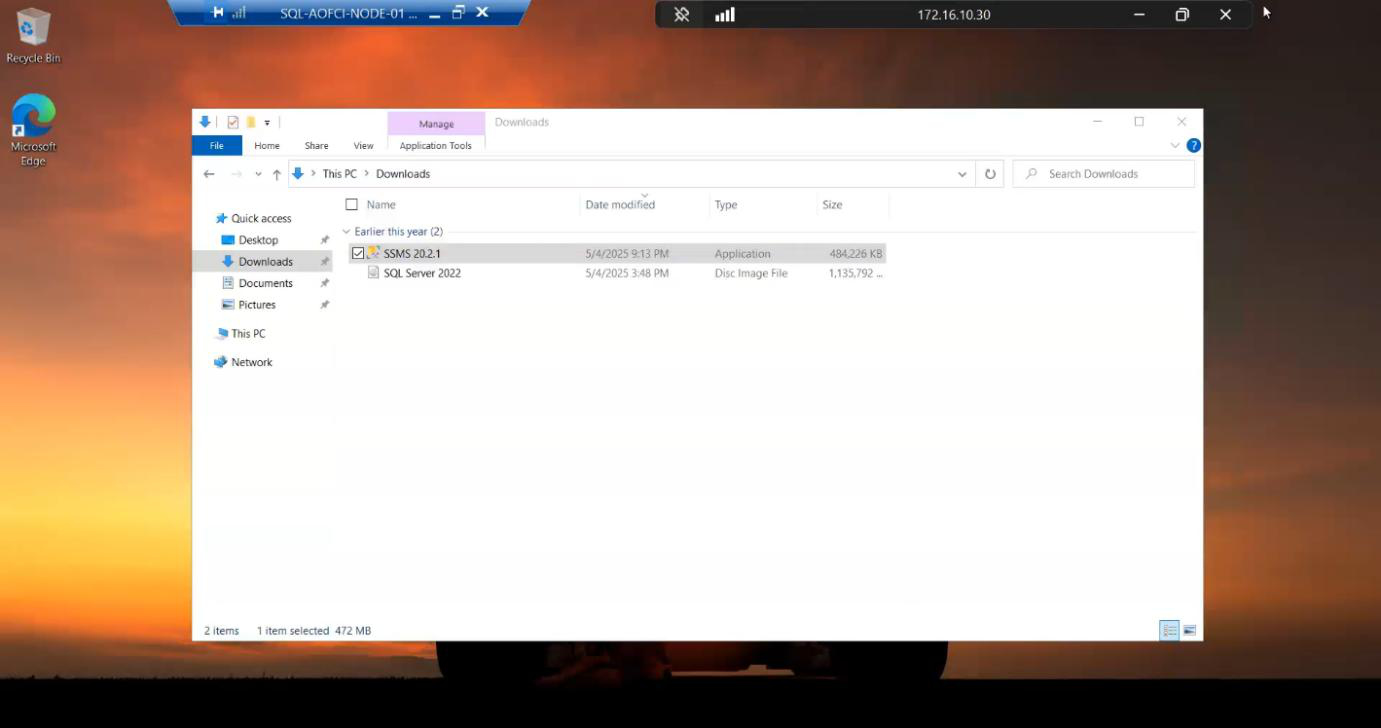 SQL Server Management Studio installer launched showing the welcome screen ready to install SSMS for management of the new SQL FCI