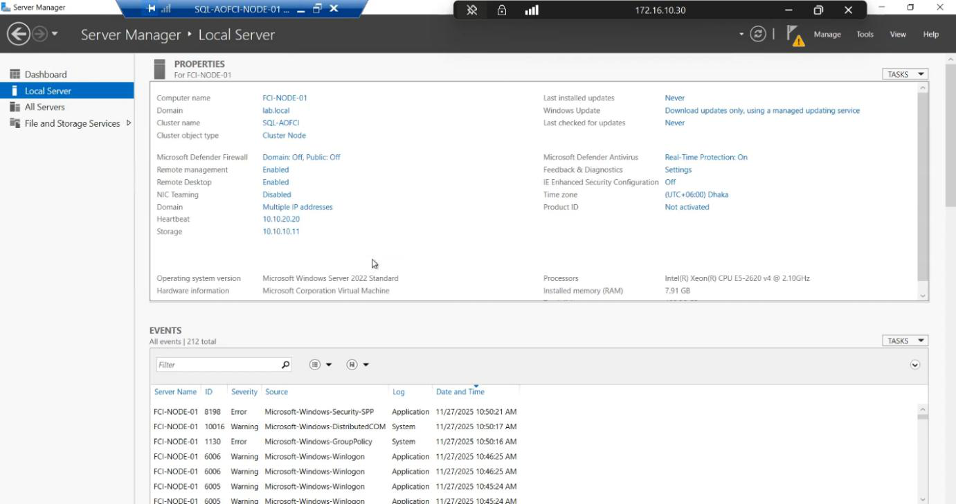 Server Manager Local Server view on Node-01 confirming the OS-level identity is still Node-01 even though SQL Server now identifies as AOFCI