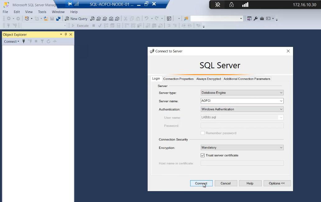 SSMS Connect to Server dialog with Server name AOFCI entered (NOT Node-01) and Windows Authentication selected, the moment of truth where the virtual SQL identity is tested