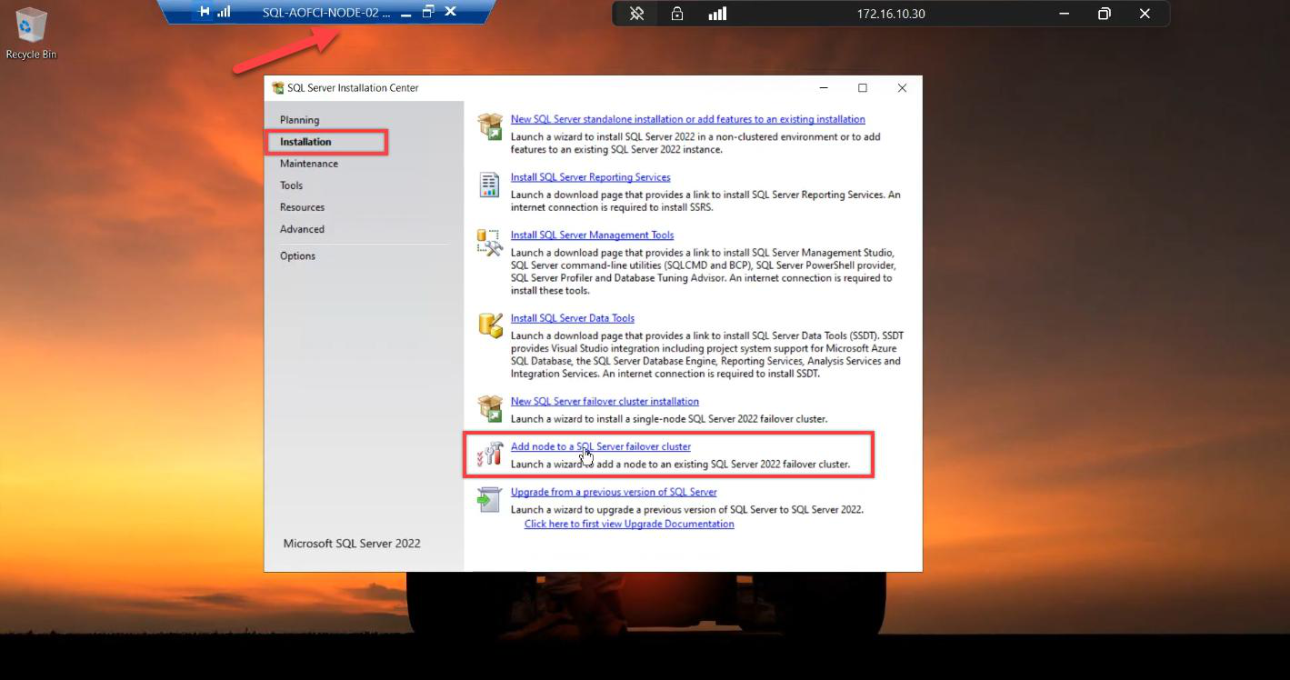 SQL Server Installation Center on Node-02 with the Installation tab open and the Add node to a SQL Server failover cluster link highlighted, the wizard that joins this node to the existing AOFCI instance
