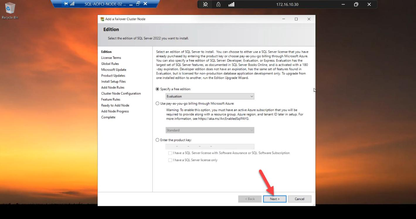 Edition step of the Add Node wizard with the same edition selected as Node-01 (mismatched editions break the cluster install)