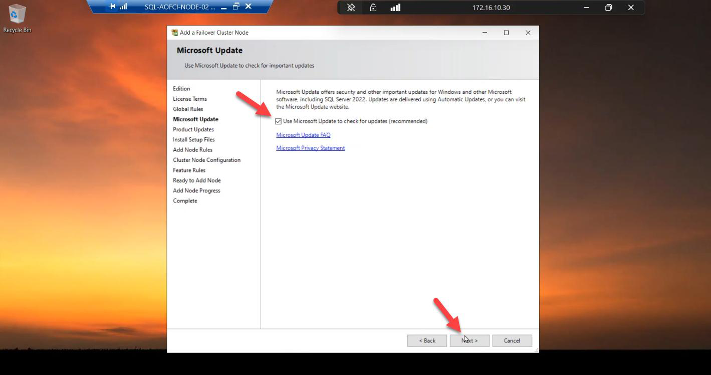 Microsoft Update step on Node-02 with Use Microsoft Update ticked to keep the new node patched in line with Node-01