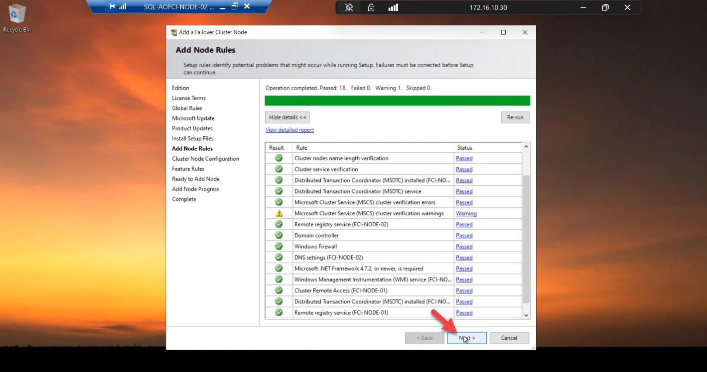 Add Node Rules step with all compatibility checks green confirming Node-02 is compatible with the existing AOFCI instance