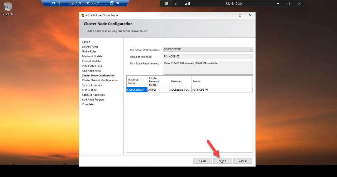 Cluster Node Configuration step with Cluster Network Name auto-detected as AOFCI and Node Name showing Node-02 ready to be added