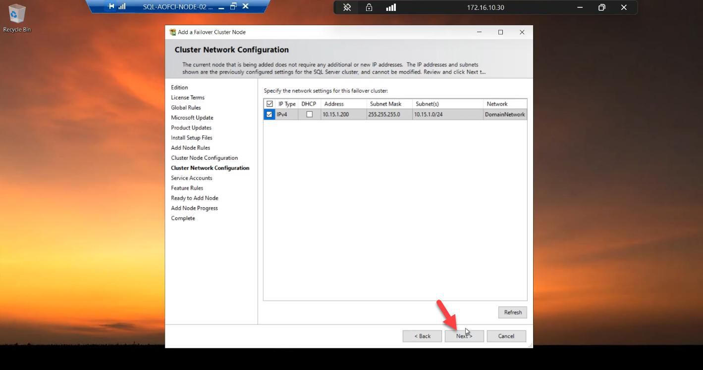 Network Configuration step showing the Virtual IP 10.15.1.200 already reserved from the Node-01 install with no changes needed since the IP belongs to the cluster
