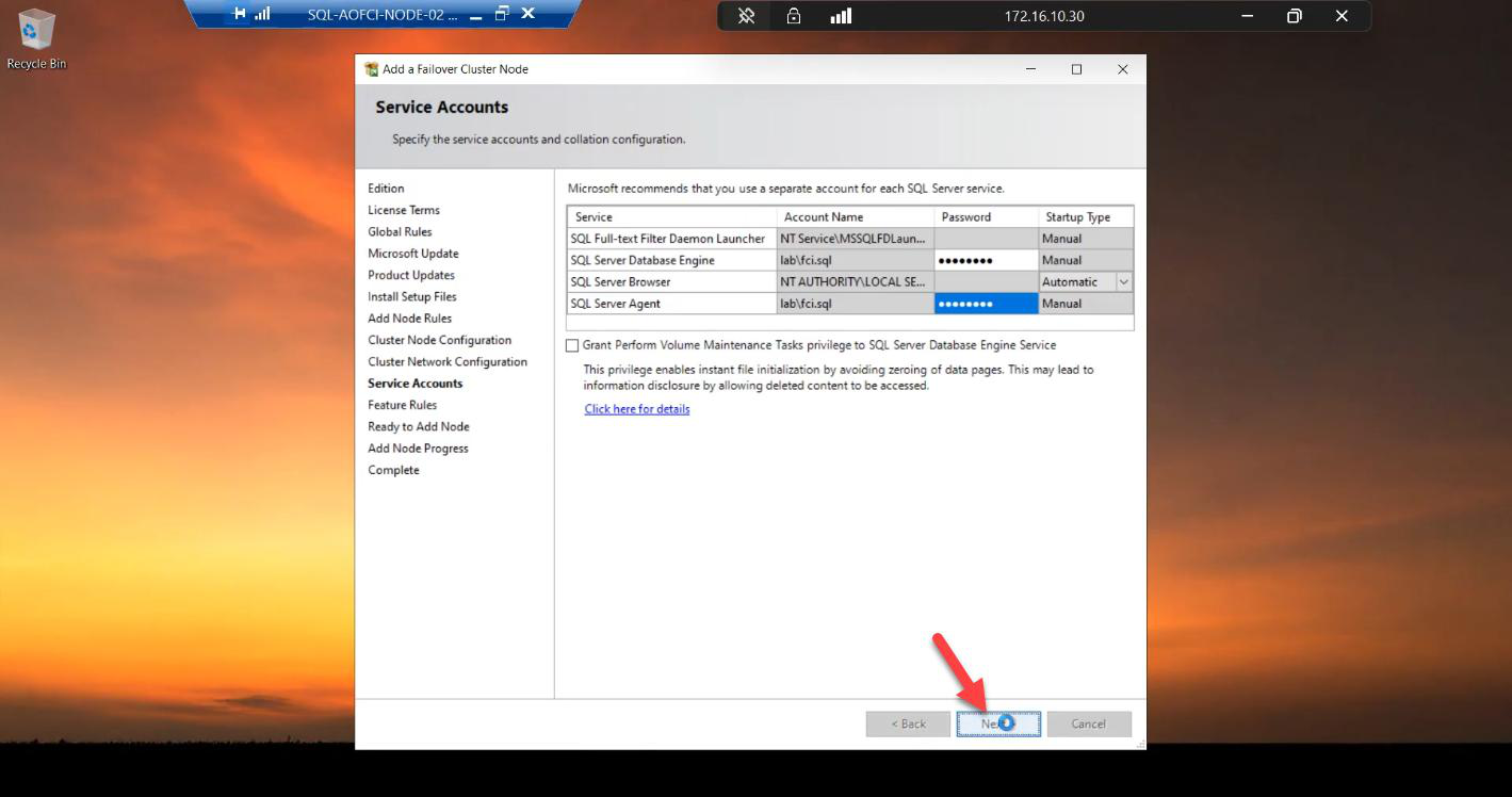 Service Accounts step prompting for the SQL Server Database Engine and SQL Server Agent service account password (svc_sql) which Windows uses to grant Logon as a Service rights on Node-02