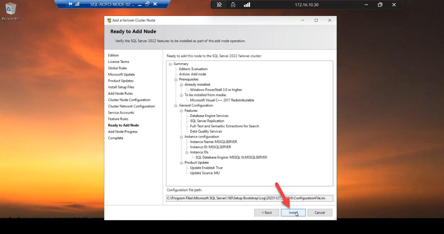 Ready to Add Node summary screen reviewing all settings inherited from AOFCI: cluster name, VIP, service account, ready to commit