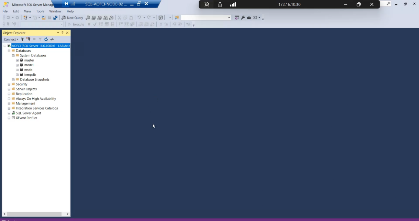 SSMS Object Explorer on AOFCI after the second node is added, with Failover Cluster Manager confirming Node-02 is now a Possible Owner of the SQL Server (MSSQLSERVER) cluster role