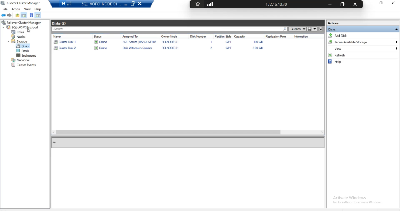Failover Cluster Manager Storage > Disks pane confirming Cluster Disk 1 is owned by Node-01 in the pre-failover state” /><figcaption>Pre-failover state &mdash; FCM Storage > Disks: Cluster Disk 1 owned by Node-01.</figcaption></figure>
<p>FCM > Storage > Disks: Cluster Disk 1 owned by Node-01.</p>
<figure class=