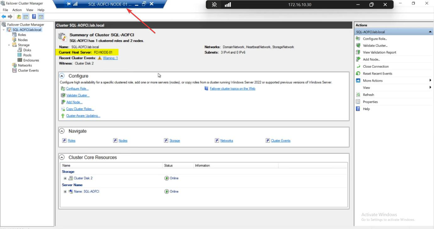 FCM Roles pane showing the SQL Server (MSSQLSERVER) role with Owner Node Node-01, the starting position before the simulated outage