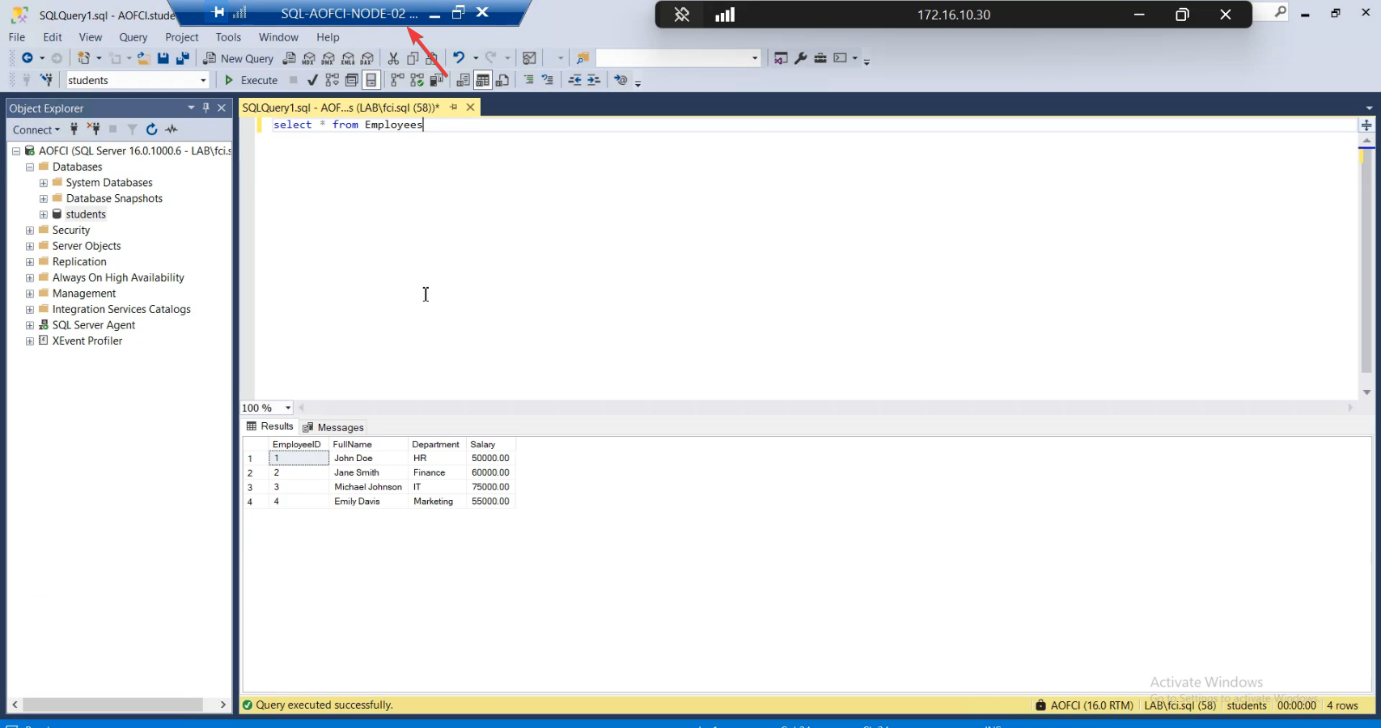 SSMS on Node-02 also connected to AOFCI showing the same Employees table data, confirming the FCI virtual identity works from any client regardless of which node currently owns the SQL service