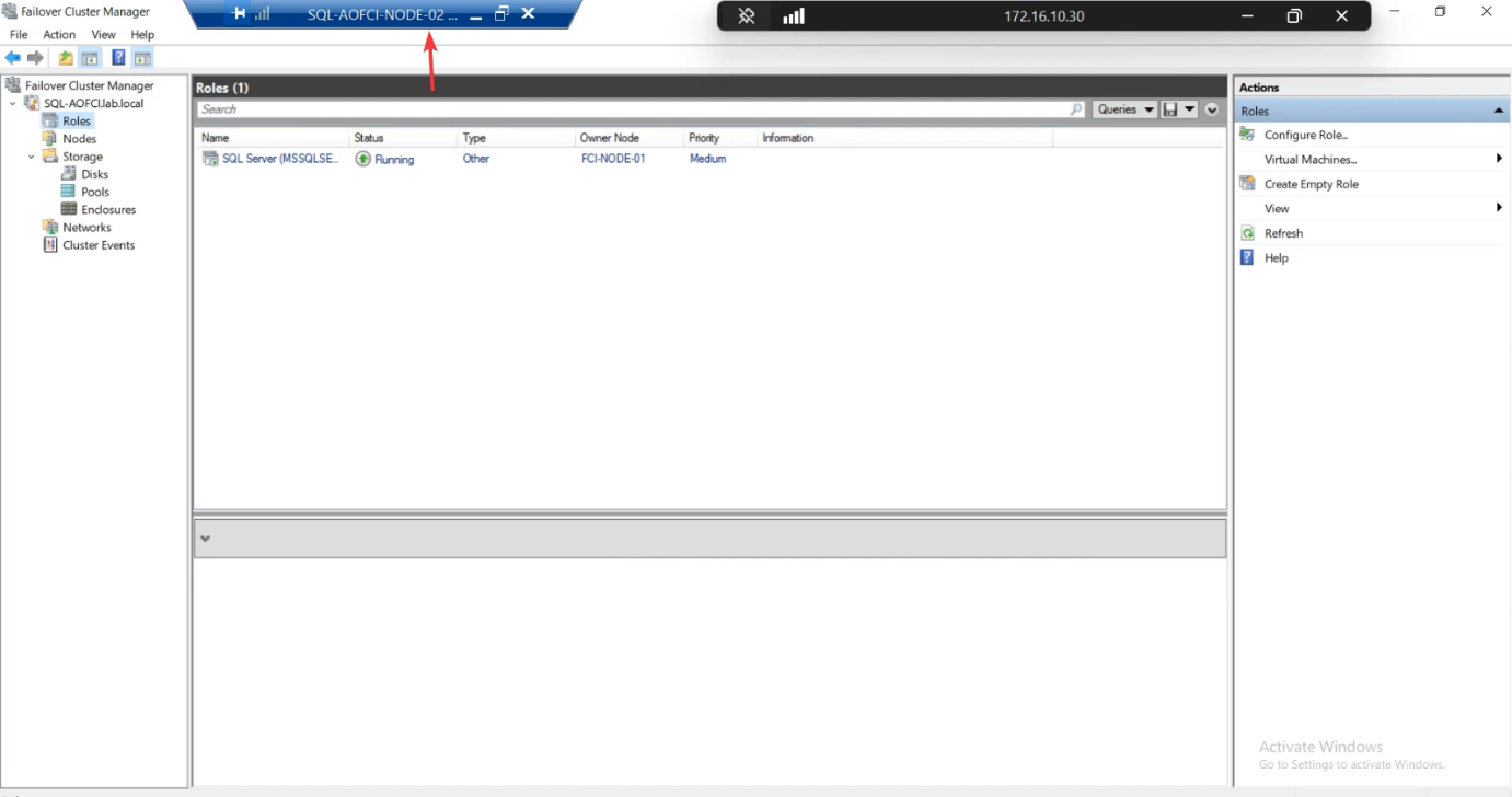 Side-by-side SSMS query result on Node-02 showing identical row counts to Node-01, the cross-check that establishes data consistency before the failover test