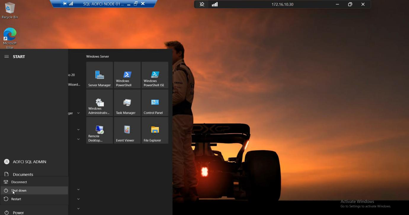 Windows Start menu Power option being clicked on Node-01 to initiate Shut Down, the deliberate outage that simulates a hardware or OS crash of the primary node
