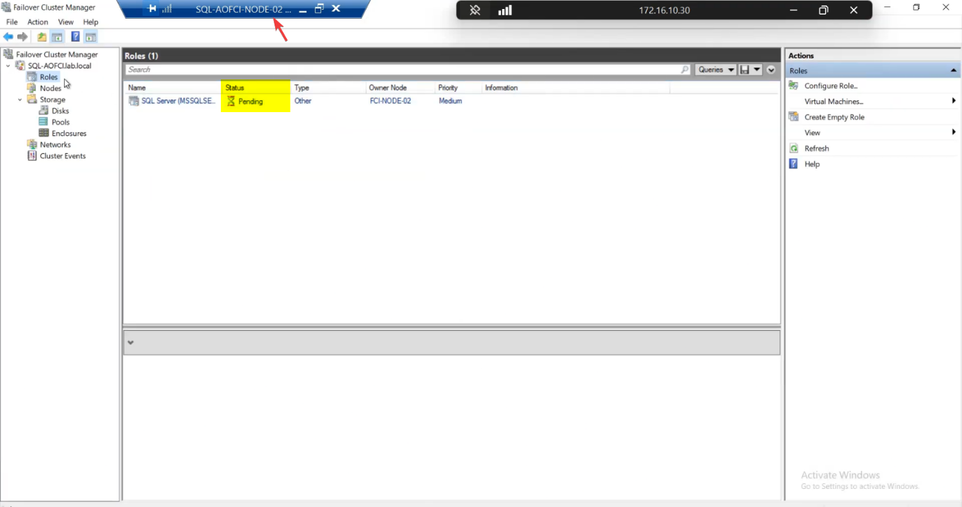 Failover Cluster Manager on Node-02 showing the SQL Server role status briefly Pending then transitioning to Running with Owner Node now Node-02, the cluster successfully reacting to the loss of Node-01