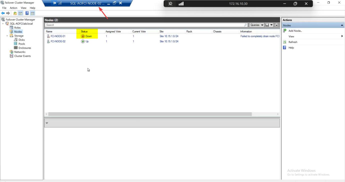 FCM Nodes pane showing Node-01 status Down (red icon) and Node-02 status Up, the visual confirmation that the cluster has accepted Node-01 as offline